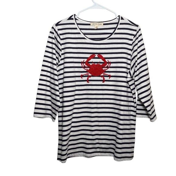 Cactus + Pearl Blouse Women's Medium Striped 3/4 Sleeve Crab Metallic Top - Picture 1 of 9